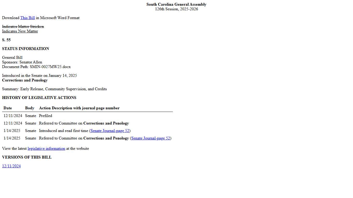 2025-2026 Bill 55: Early Release, Community Supervision, and Credits - South Carolina Legislature Online